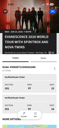 2 tickets to Evanescence @ Jones Beach - Wed, 6/24