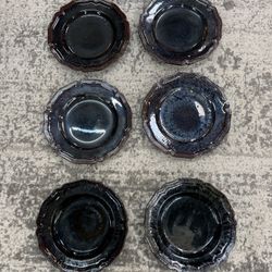Set of 6  Antique French Dieulefit pottery plate w/reactive glaze & fluted rim