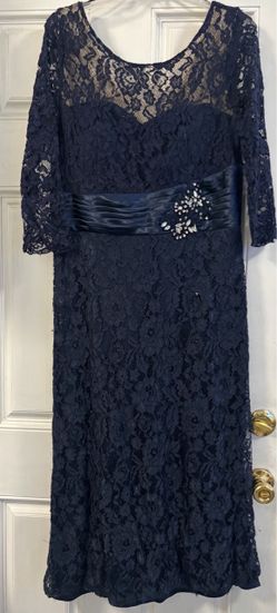 Navy Blue Lace Midi Dress with Satin Belt