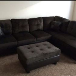 New Espresso Brown Sectional Sofá Charcoal Couch Include Free Ottoman And 2 Pillows 