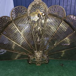 Vintage Brass Peacock Fireplace Screen