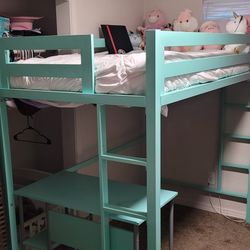 Turquoise Loft Bed + Mattress + Desk For Sale!!