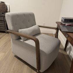 Solid Wood Upholstered Swivel Armchair In light Grey And Brown Wood 