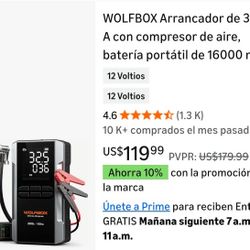 WOLFBOX 3000A Jump Starter with Air Compressor, 16000mAh Portable Car Battery and 160 PSI Tire Inflator with 65W Fast Charging, 12V Battery Pack (for 
