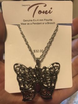 New $32 TONI Butterfly Necklace/Pendant Combo Purple Fluorite Stone Silver Tone Filigree