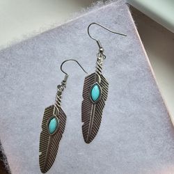 TURQUOISE BOHO NAVAJO FEATHER DROP DANGLE TREND ON NEW SILVER HYPERALLERGENIC EARRINGS 