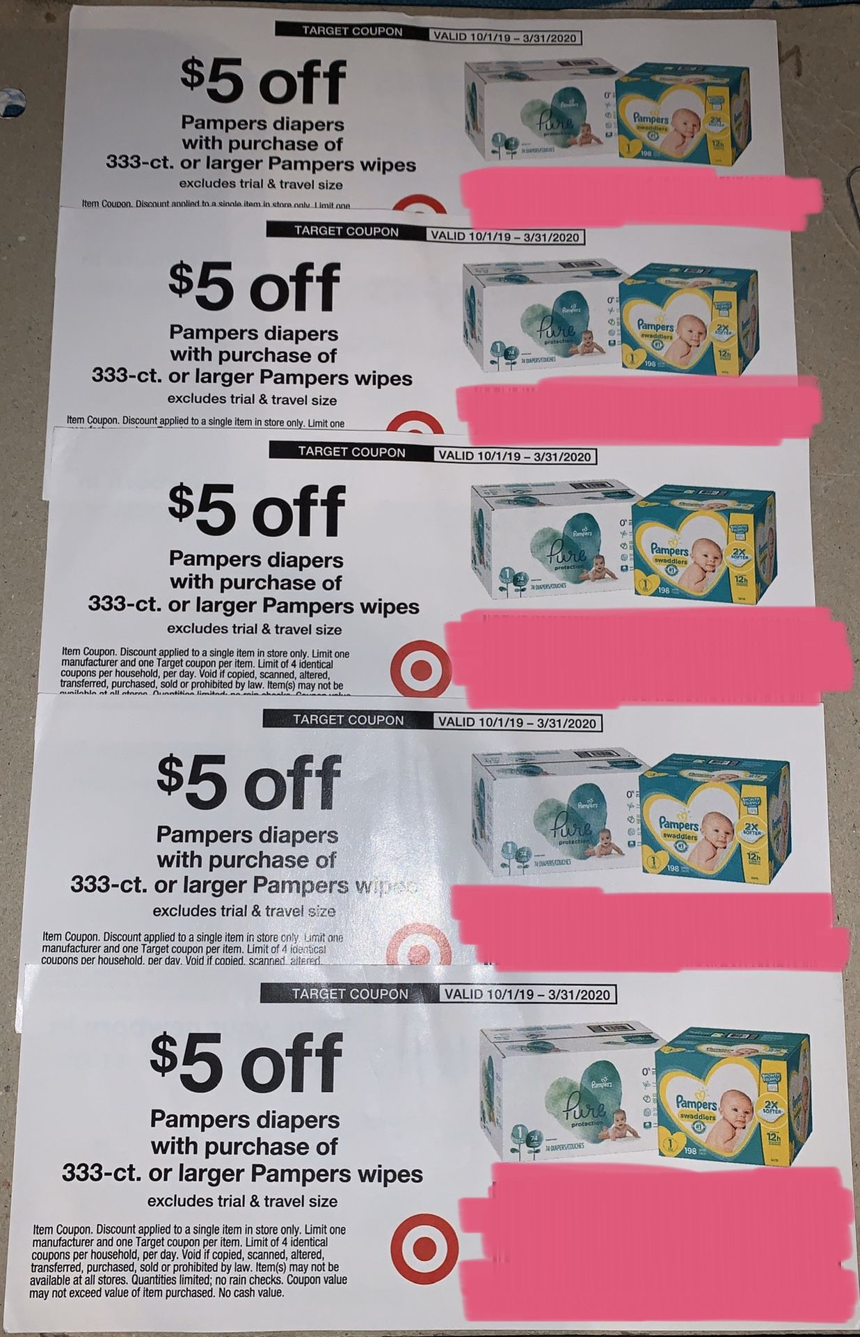 5 Target coupons: $5 off Pampers diapers, exp 3/31/20