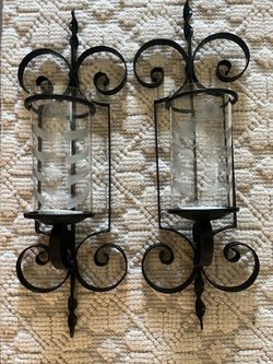Set of 2 Wrought Iron Wall Sconce Candle Holders with Etched Glass Hurricanes