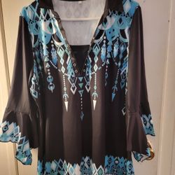 Brand New Women's Native Black Tourquise WhiteTunic Blouse Size XL