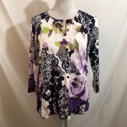 Christopher & Banks White Button Up Cardigan, Purple & Navy Floral - Womens L, NWT, bust 21”, length 25”