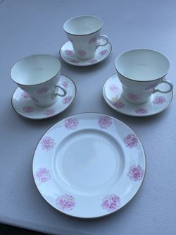 Vintage Russian Lomonosov set of 3 cups and saucers with extra plate