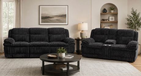 DARK GRAY CORDUROY MANUAL RECLINE SOFA SET