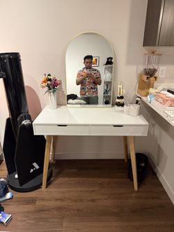 Complete vanity setup — white desk, 2 mirrors, LEGO flowers + extras