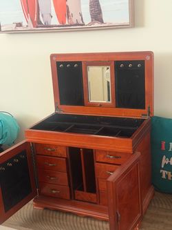 Large Wooden Jewelry Box with Mirror