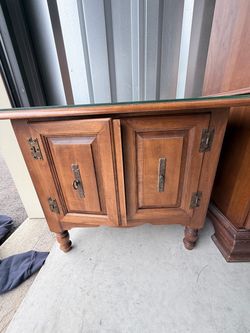 Vintage Wood Side Cabinet with Glass Top