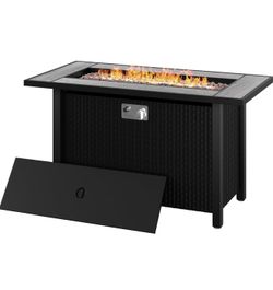45 Inch Propane Fire Pit Table, Outdoor 50,000 BTU Steel Gas Fire Pit with Lid, Lava Rock, Waterproof Cover and Rattan Pattern for Patio, Yard, Party