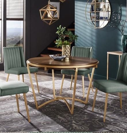 46” Classic Traditional Luxury Dinning Round Table  , Wood Top With Golden Legs