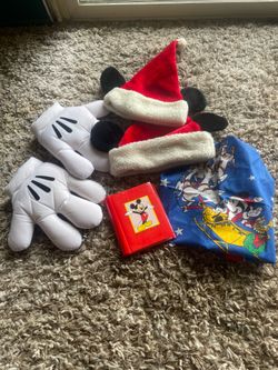 Disney Santa hats, Mickey hand, gloves, Christmas, Mickey, scarf, and small picture album