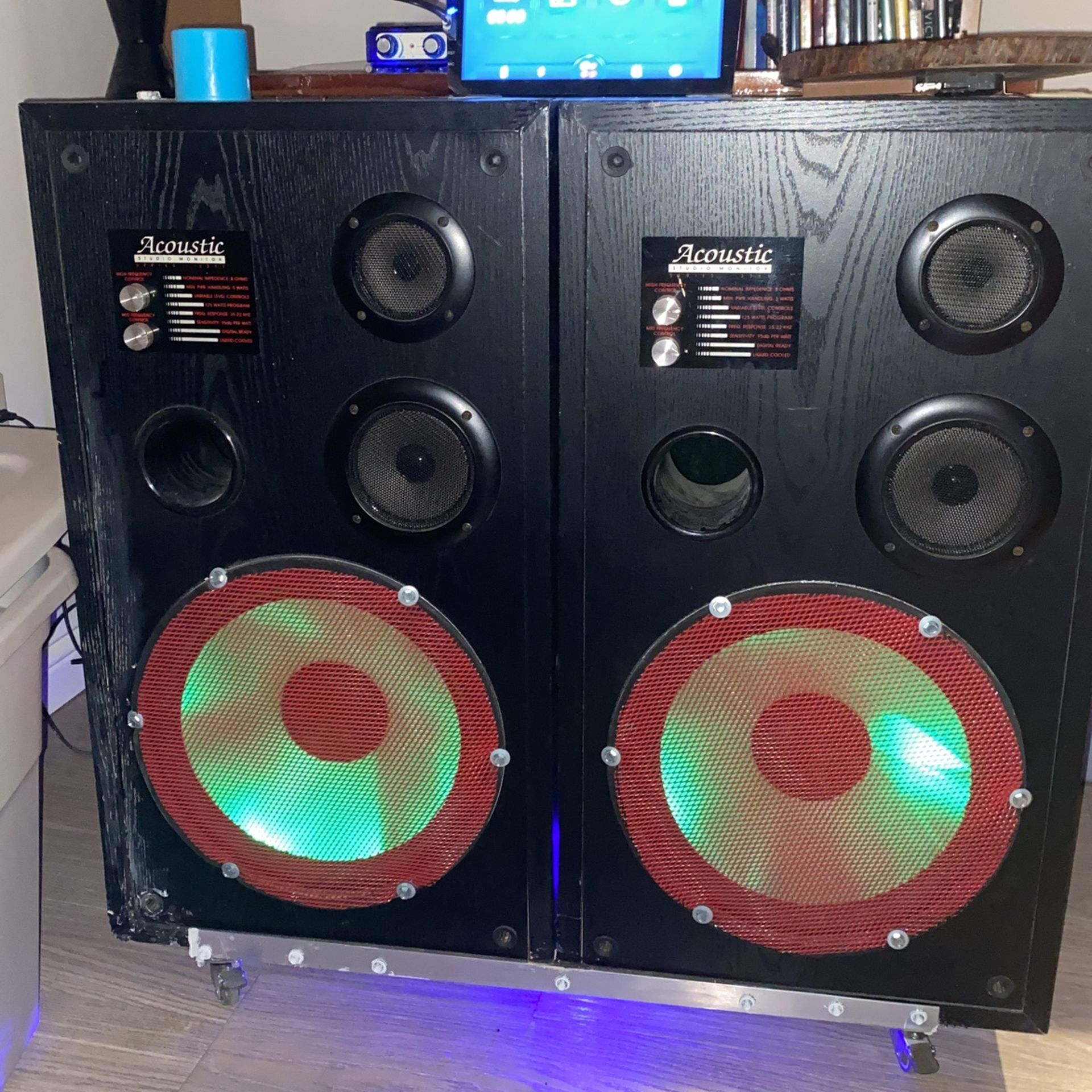 Custom Built Dual Monitor Speaker System With Touchscreen Bluetooth Interface + Back Lit Speakers And Under glow That Modulate With The Music