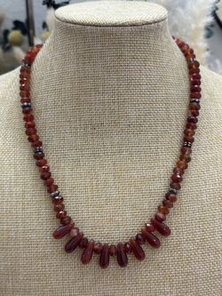 Red Orange Carnelian Beads Necklace With Sterling Silver Spacers. 19 Inches.