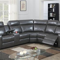Brand New Grey Leather Gel Reclining Sectional Sofa w USB Console 