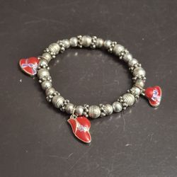 Vintage Red Hat Society Enamel & Silvertone Stretch Bracelet With 3 Red Hat Charms
