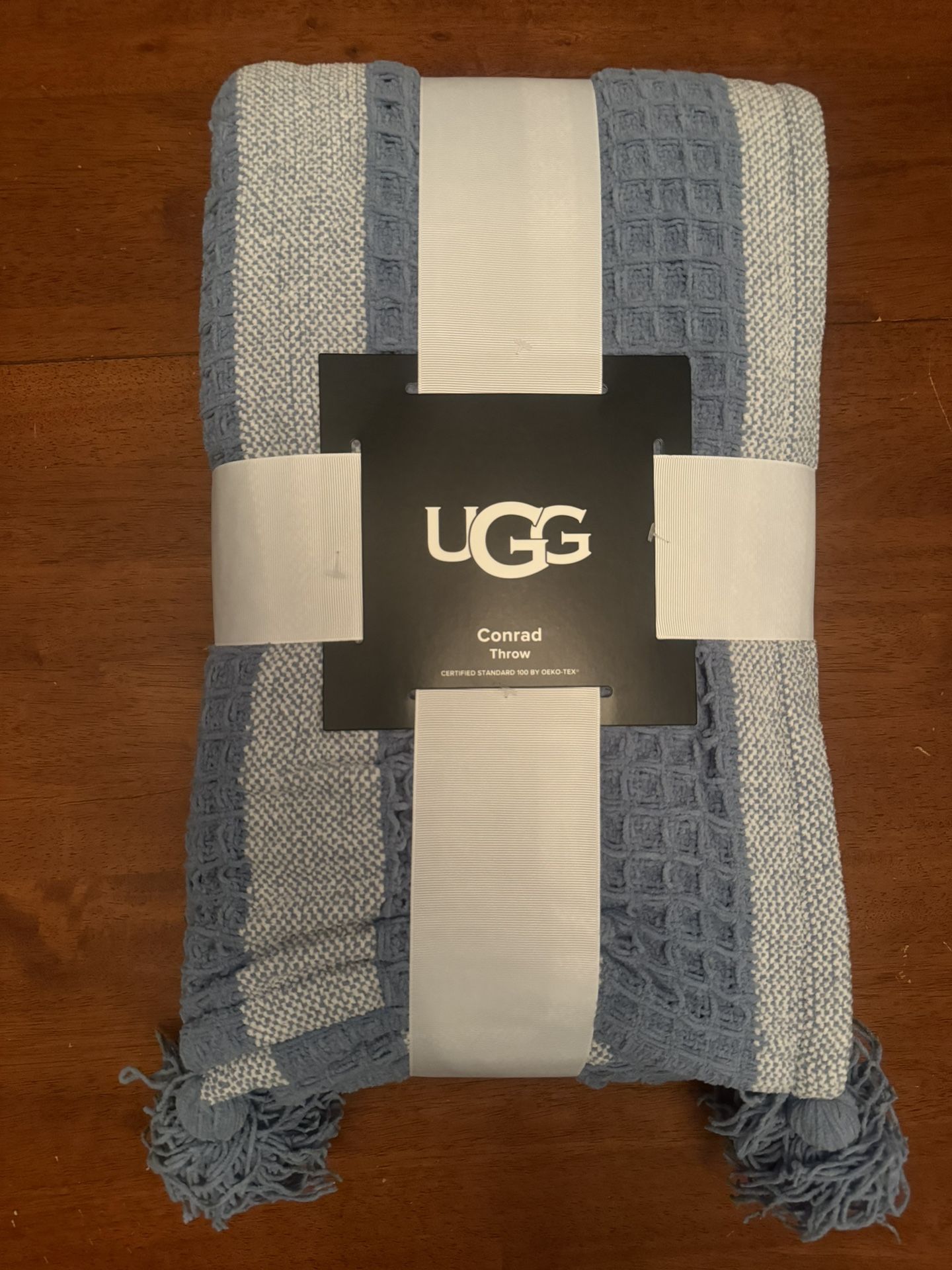 UGG CONRAD Throw Blanket 50”x 70” Succulent Dusty Blue Soft Tassels NEW
