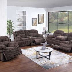 Brand New 3 Pcs Recliner Set Sofa, Love & Chair Brown Corduroy $1399