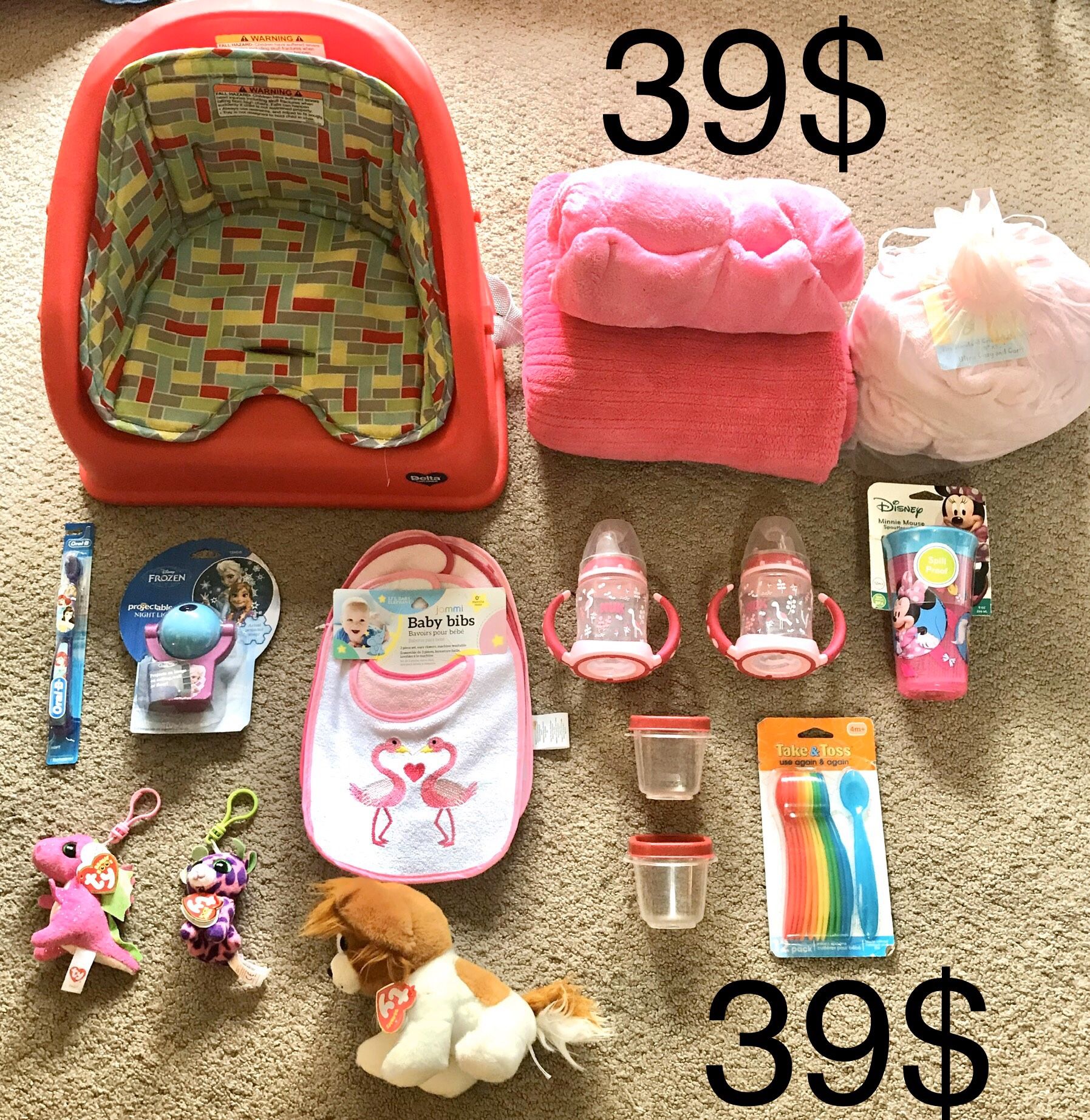 Brand new bundle baby girl/ toddler Booster seat, crib /toddler bed baby pink sheet, hot pink blankets, eating supplies, Motrin, and more all 39$