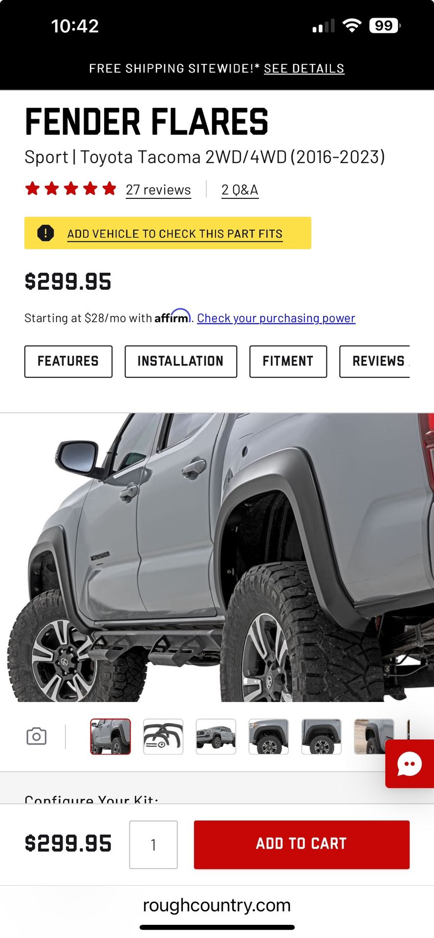 Rough Country Fender Flares Tacoma 2016-2023
