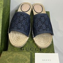 Authentic New Gucci Pilar GG Denim Crystals Espadrille Sandals  