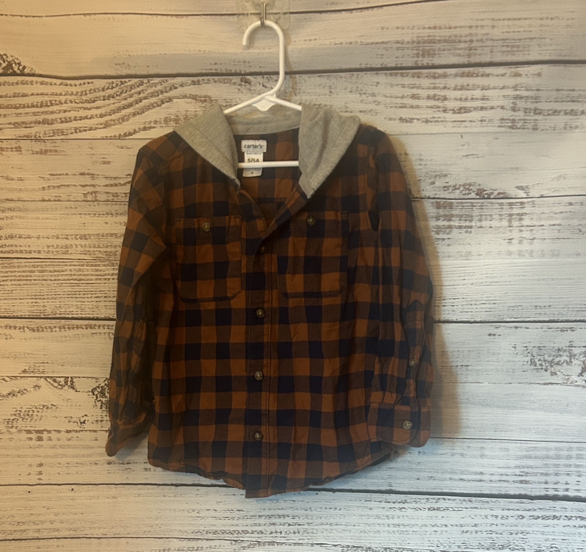 Carter's Kids Plaid Button Down Shirt with hood Orange and Navy size 5t