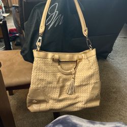Beige Joy Mangano Leather woven tote W/dust bag