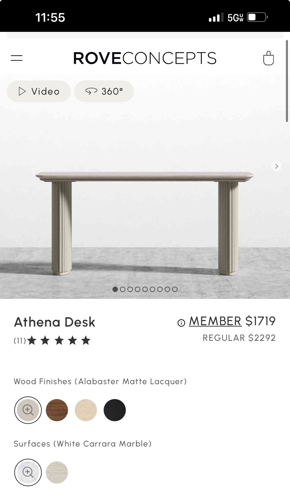 Rove Concepts Athena Desk White Carrara Marble With Alabaster Matte Wood Finish Base