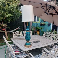 MID CENTURY DRIP GLAZE POTTERY & BRASS LAMP Rembrandt Lamp Company 54 Tall