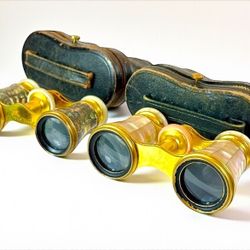 Two Antique French Opera Glasses with Mother-of-Pearl and Abalone Inlay, in Original Cases. Marked Made in France. One is engraved with th