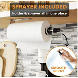 Paper Towel Holder with Spray Bottle, Under Cabinet Paper Towels Holders with Sprayer Inside Center, Hanging Wall Mount Papertowels Roller for Kitchen