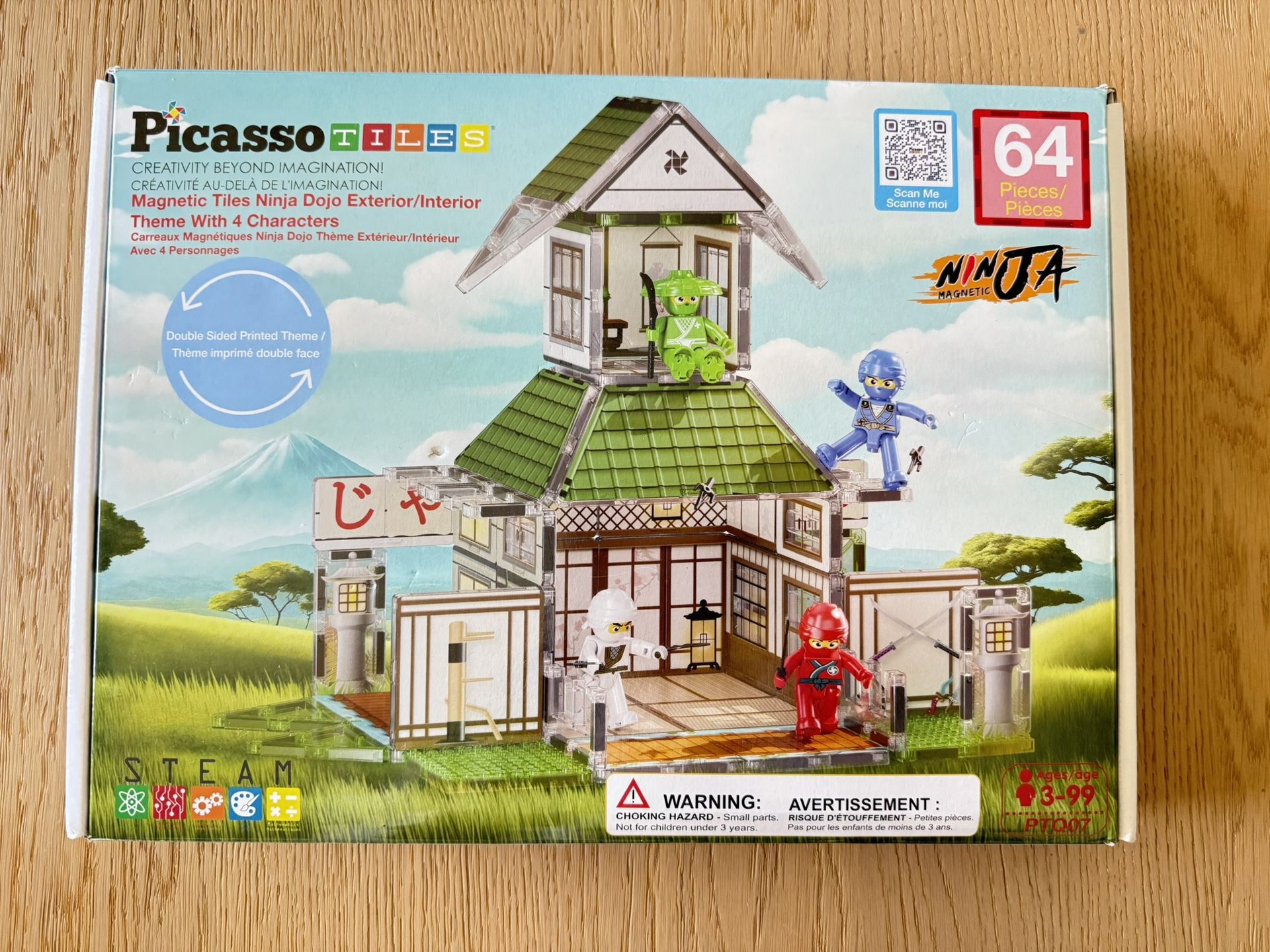 PicassoTiles Magnet Tile Building Blocks Ninja Dojo House Theme STEM Playset with 4 Character Action Figure Ninjas Weapon Accessories Magnetic Tiles E