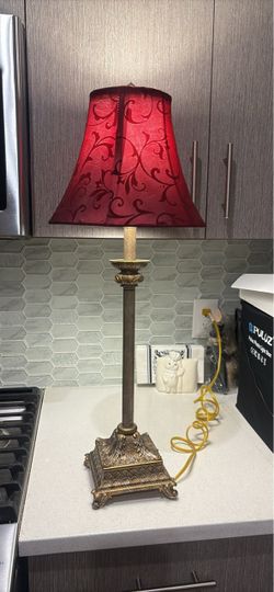 29” Ornate Bronze & Gold-Tone Table Lamp with Red Floral Shade