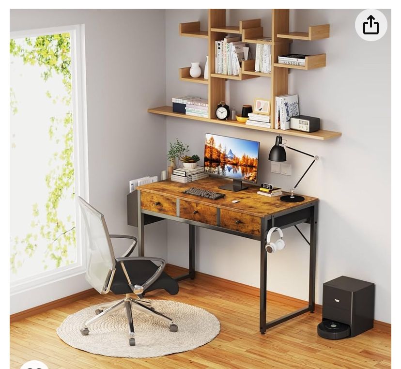 Lufeiya 40-inch desk with bedroom drawers, 39-inch home office desks with 3 fabric storage drawers and pocket, computer study table