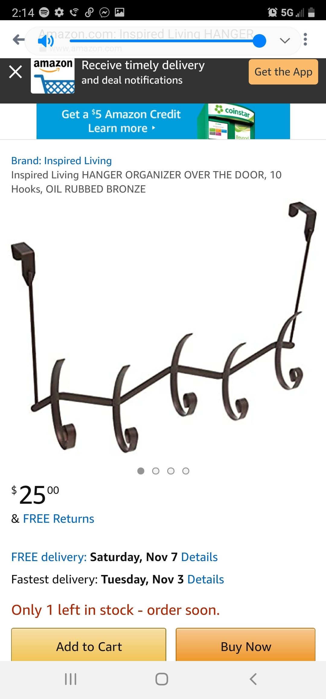 Inspired Living HANGER ORGANIZER OVER THE DOOR, 10 Hooks, OIL RUBBED BRONZE