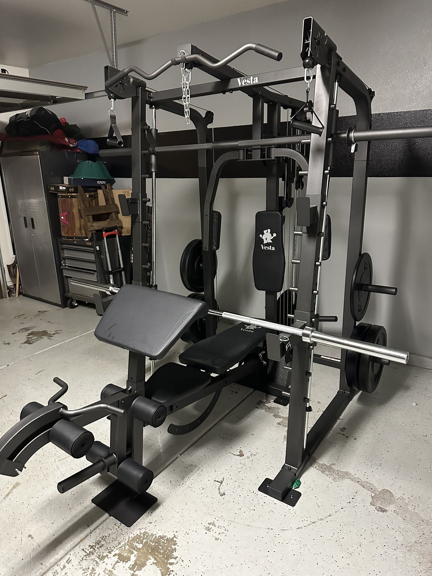Vesta Fitness Smith Machine 2001 w/Bench Attachment | 230lb Bumpers Weights | 7ft Olympic Bar | Fitness | Gym Equipment | FREE DELIVERY 🚚