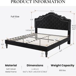 Full Size Bed Frame with Adjustable Headboard/Velvet Upholstered/Diamond Button Tufted and Metal Studs/No Box Spring Needed/Wood Slat Support/Easy Ass