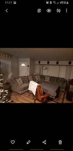 ASHLEY LARGE SECTIONAL COUCH & OTTOMAN AND 12 PLUSH FEATHERED STUFFED PILLOWS!