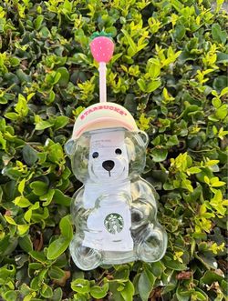 Starbucks Bear Glass Cup with Strawberry Straw