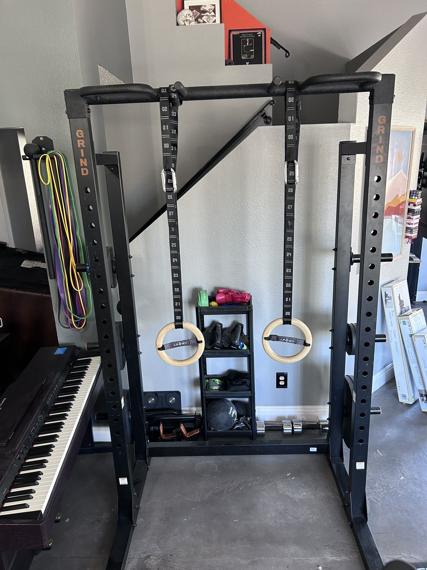 GRIND Chaos4000 Half Rack, Weight Plates, 45lb Rouge Ohio Power Bar, Curl Bar - Used.