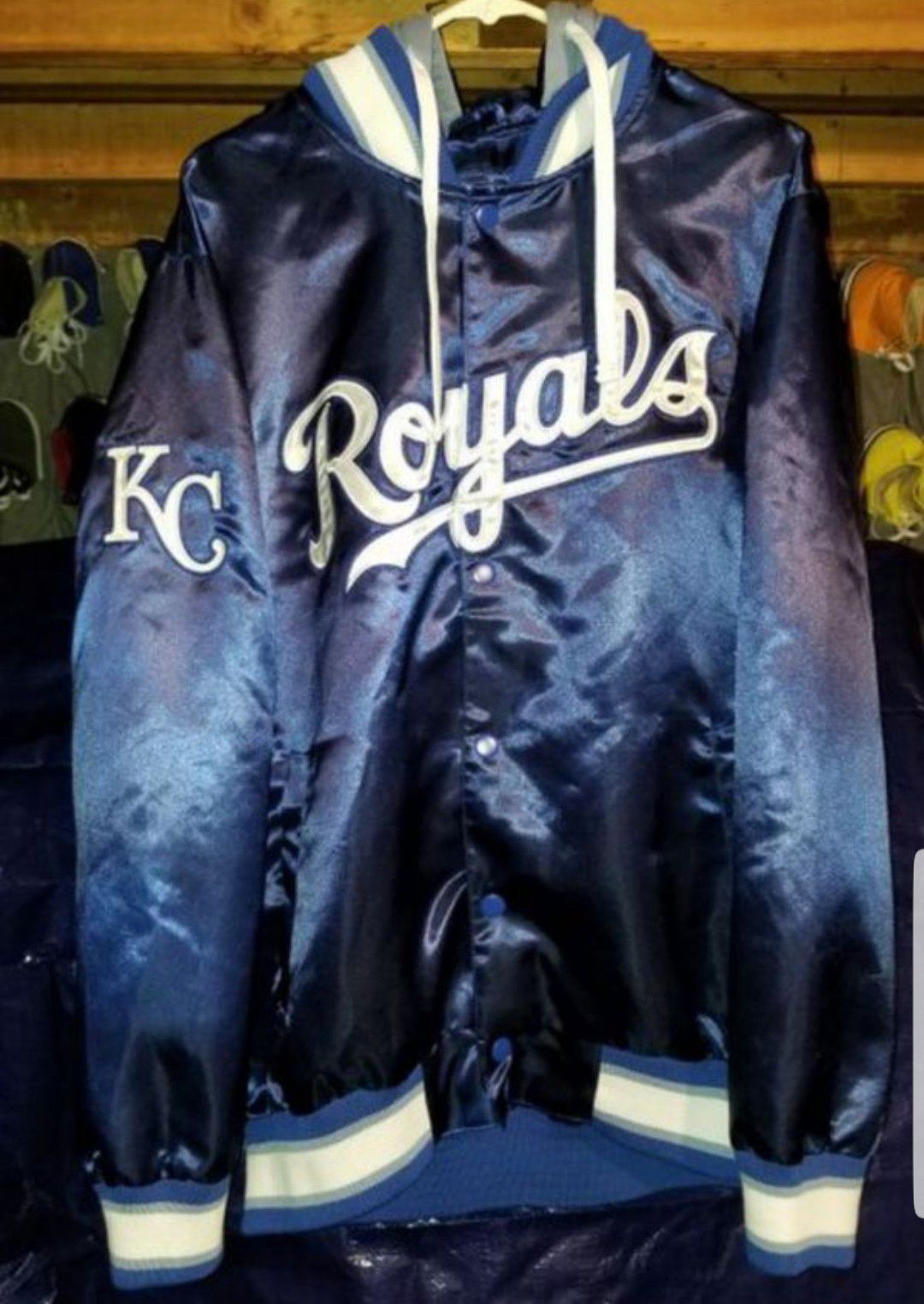 Vintage Kansas City Royals Satin Jacket With Sky Blue Hoodie Brand Gill Size Adult Large Excellent Condition