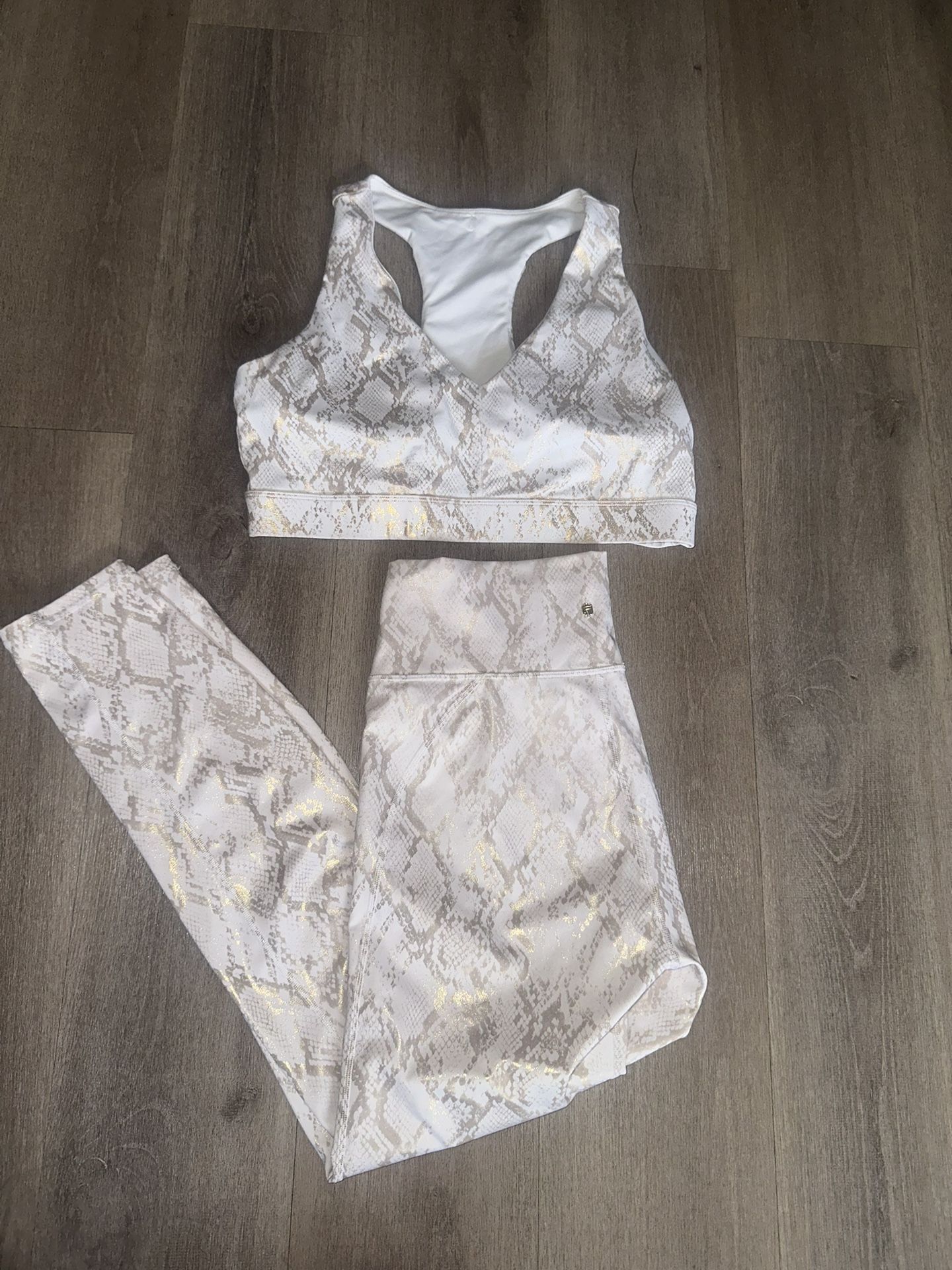 Fabletics White and Gold Snake Print Activewear Set