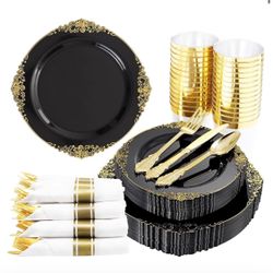 350pcs Black and Gold Plastic Plates with Gold Plastic Silverware include 50 10.25” Dinner Plates,50 7.5” Dessert Plates,50 Rolled Napkins with Cutler