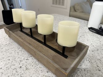 🕯️ LED Candle Centerpiece – Rustic Wood Tray (4 Candles, Timer Option)